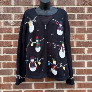 HolidayLodge Womens Lg (14-16) Snowmen Applique Cardigan Sweater Zip Black Knit